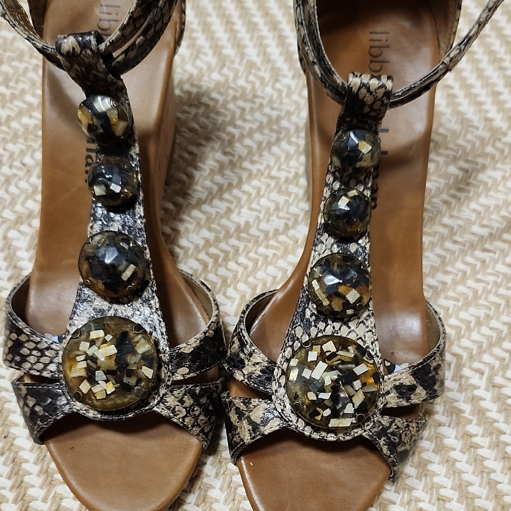 libby. edelman Green Brown And Gold Cork Wedge Sandals Back Zipper 6.5